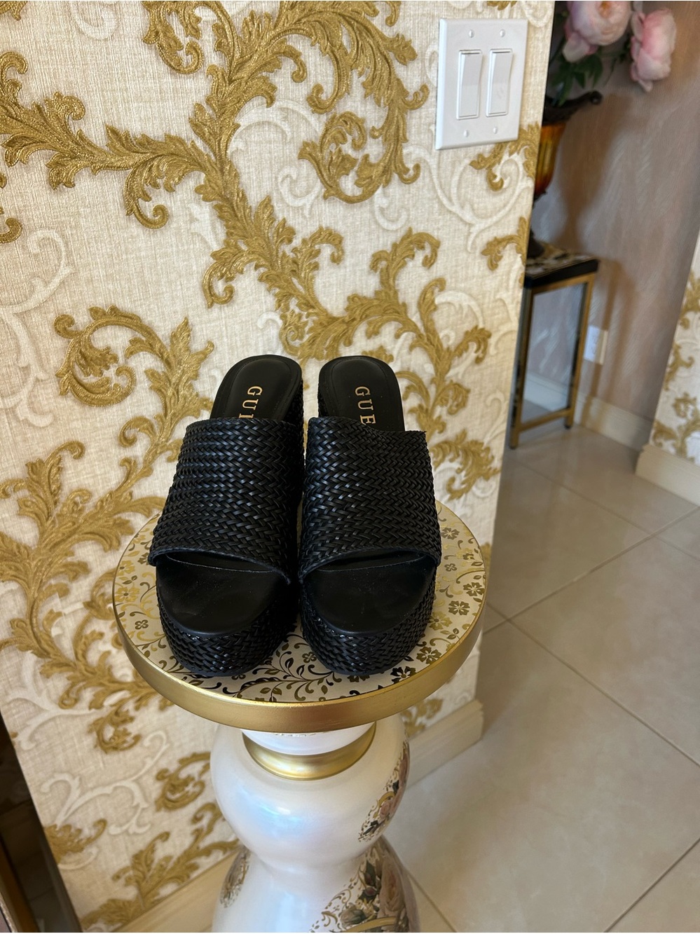 Guess Black Woven Platform Slide Sandals